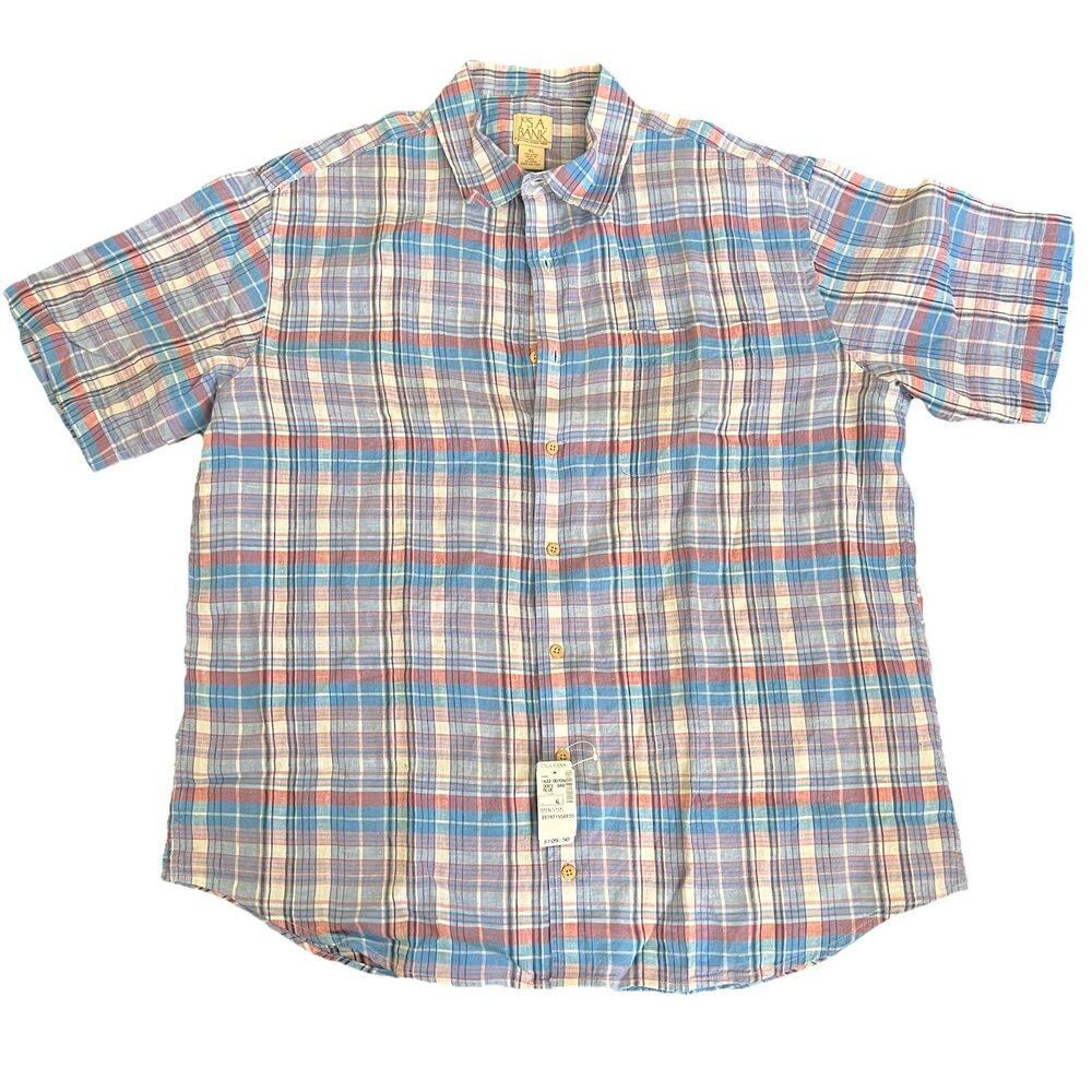 Jos A Bank Mens Short Sleeve Linen Shirt XL Blue Red Plaid NWT H854/1914